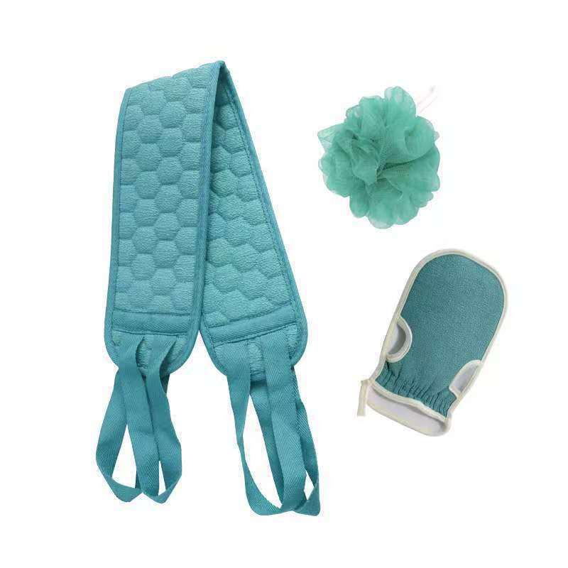Three-Piece Back Scrubber Set: Includes Back Scrubber, Gloves, and Bath Flower for Men's and Women's Bathing.
