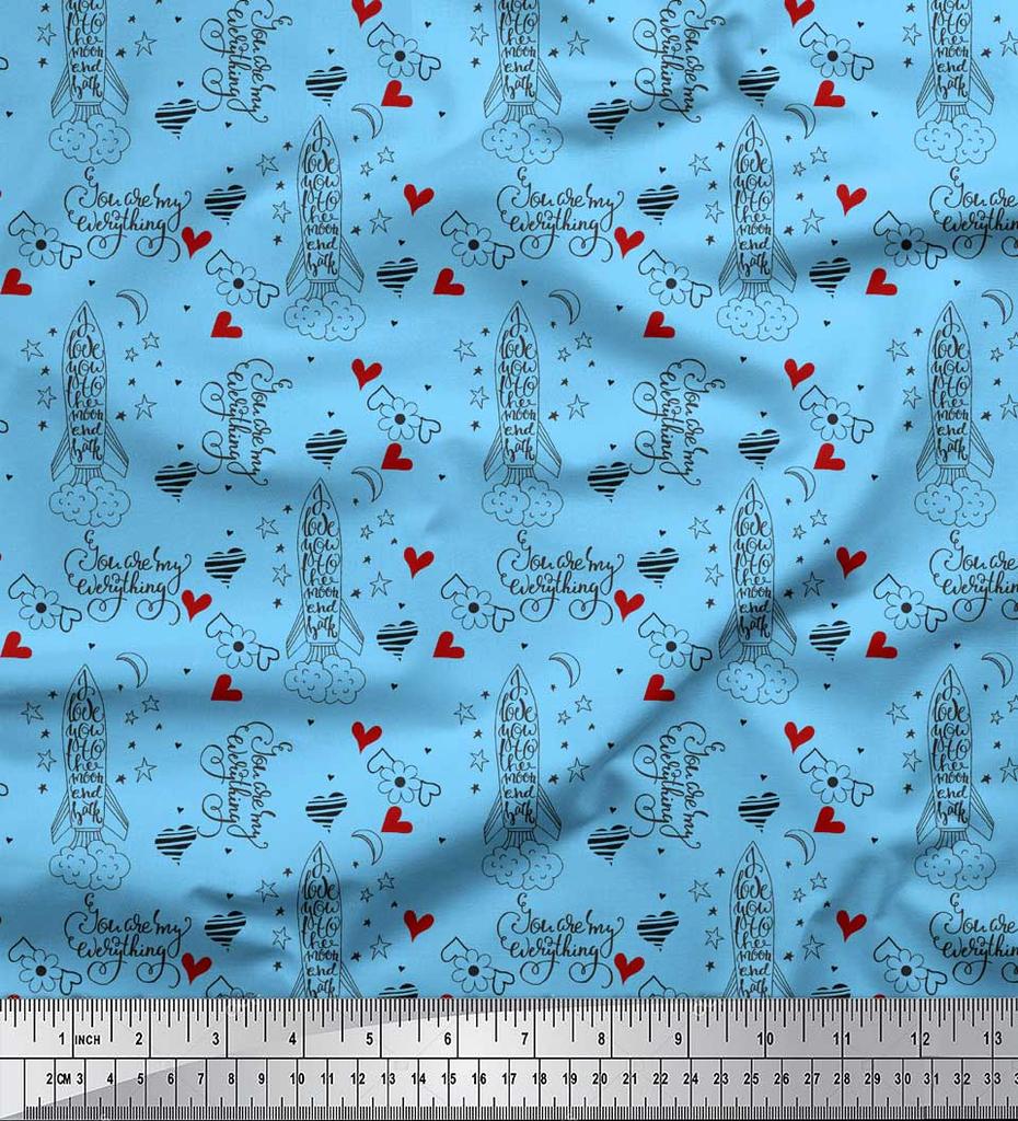 Soimoi Blue Japan Crepe Satin Fabric Rocket & You Are My Everything Text Printed Fabric 1 metre 42 Inch