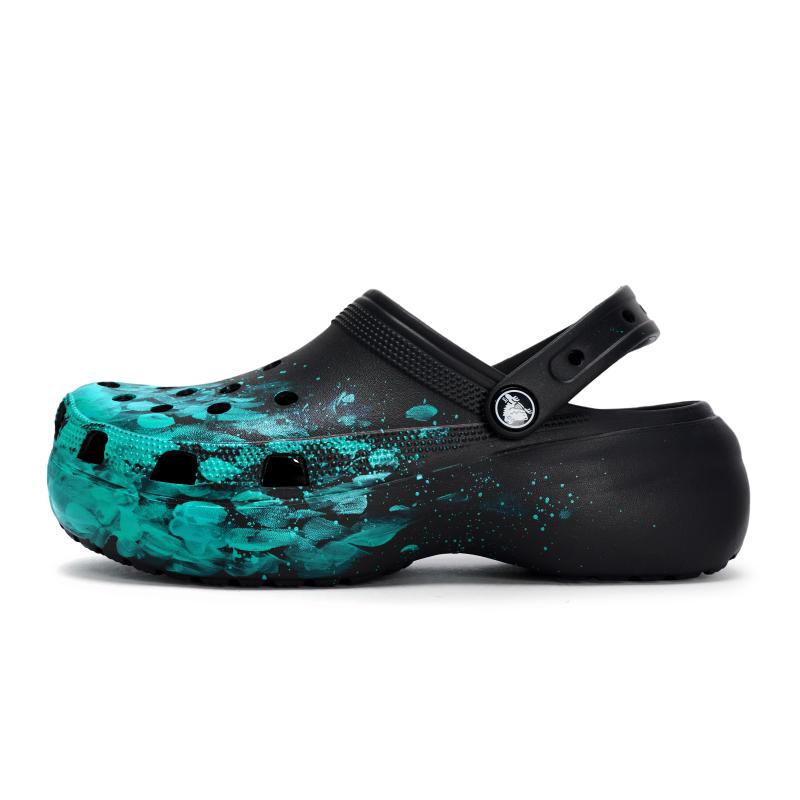 Crocs Classic Platform Clog 811 Manufacture Roaming Scene Special Shoe Box Ink Splash Techno-Sense Hole Shoes Women's Black Tiffany