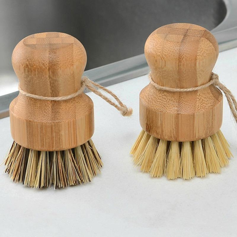 Kitchen Cleaning Brush Stove Sisal Thick Brown Short Handle Round Dish Dishwashing Bamboo and Wood Pot