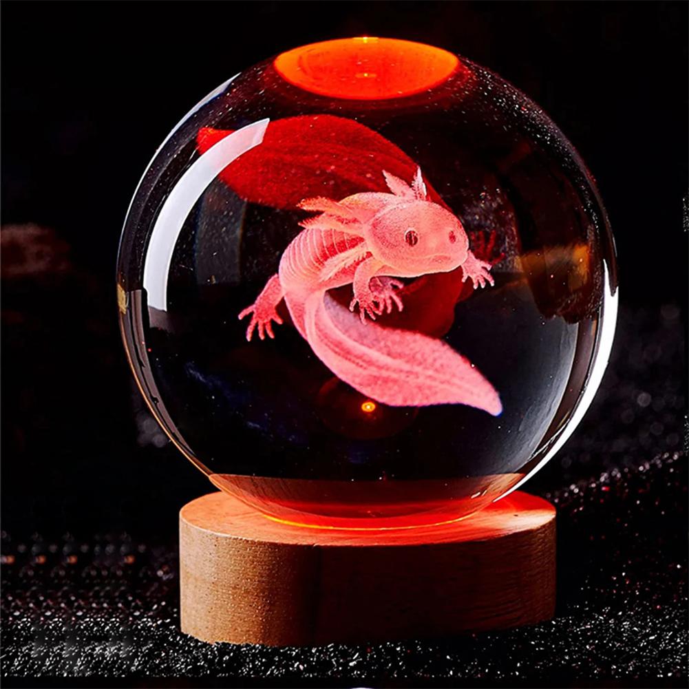 3D Crystal Ball Ornaments with Wooden Base Axolotl Crystal Ball Lamp Creative Birthday Gift for Friends