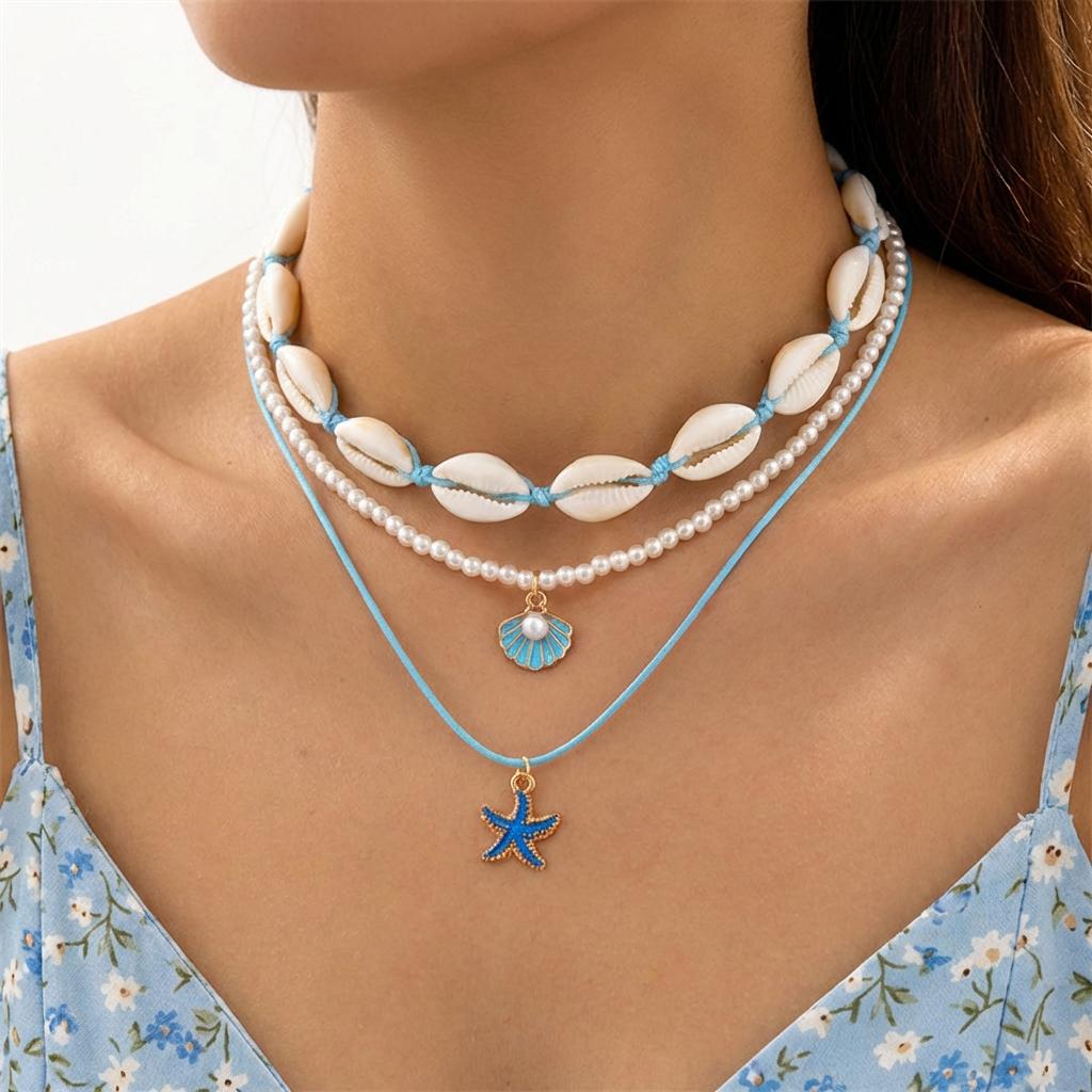 Boho Multilayer Shell Starfish Pendant Necklace for Women Imitation Pearl Conch Layered Chain Choker Girls Beach Party Jewelry