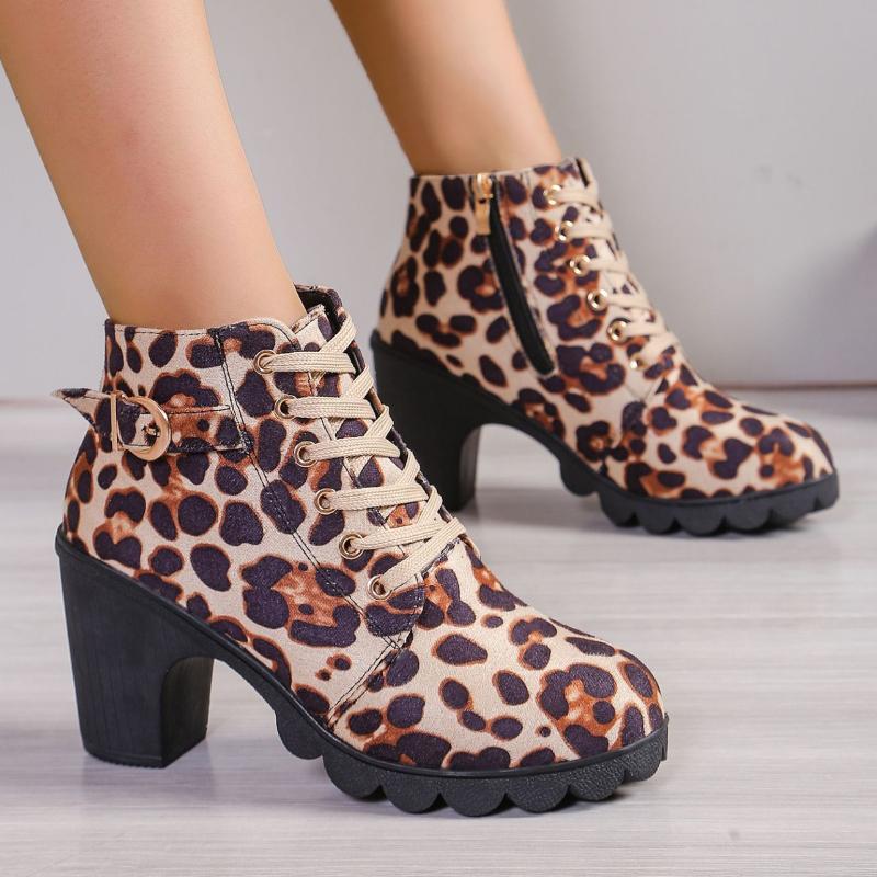 2024 Fashion Lace Up Women's Boots Winter Round Head Leopard Pattern Short Tube Thick Heel Zipper Plus Size Fashion Boots