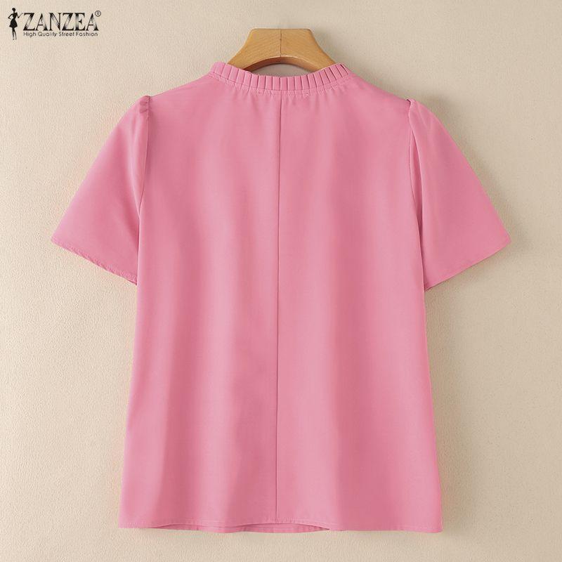 ZANZEA Blusa Casual de Mujer con Cuello Redondo, Color Sólido, Manga Corta Suelta