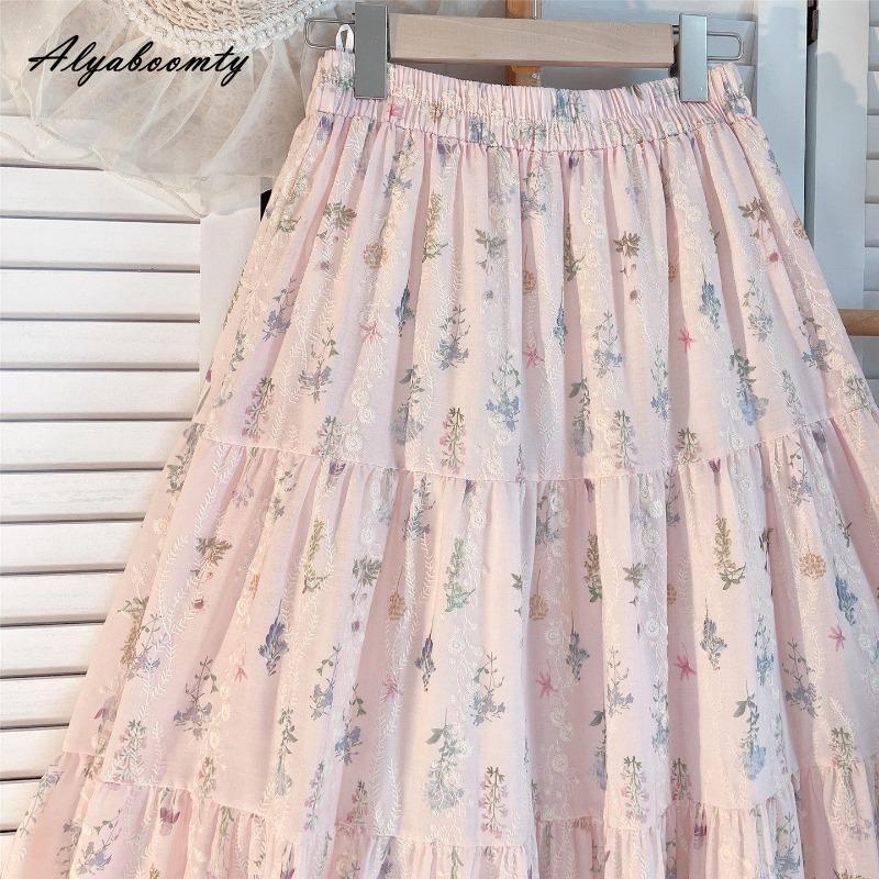 Prairie Chic Spring Summer Women Pink Skirt High Waist Floral Embroidery Sweet Skirt Mori Girl Elegant Delicate Midi A-Line Skirt