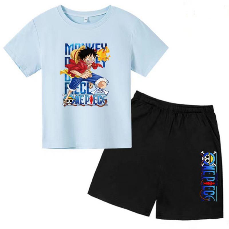 

Детская летняя футболка с коротким рукавом для мальчиков и девочек от 3 до 12 лет, аниме, цельный топ с принтом Луффи + шорты, 2 шт., милый забавный повседневный костюм 140