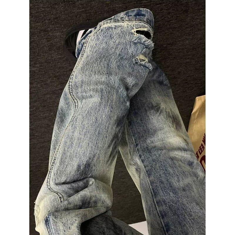 

Джинсовые брюки High Street для мужчин, ретро-состаренные, свободные прямые брюки, спортивные брюки с широкими штанинами, модные 3XL синий