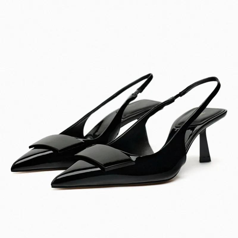Fashion Luxury Designer Slingback Mules Heels Women Sexy Pointed Toe Patent Leather Thin Heeled Sandals Comfortable Elegant Office Shoes