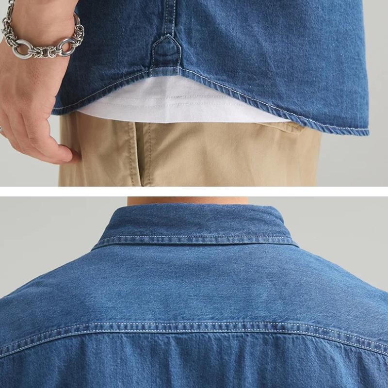 Spring and Summer Denim Shirts for Men Daily Casual Shirts Pure Cotton Lapel Collar Long Sleeve Men Shirt with Pocket Korean Fashion Men Tops
