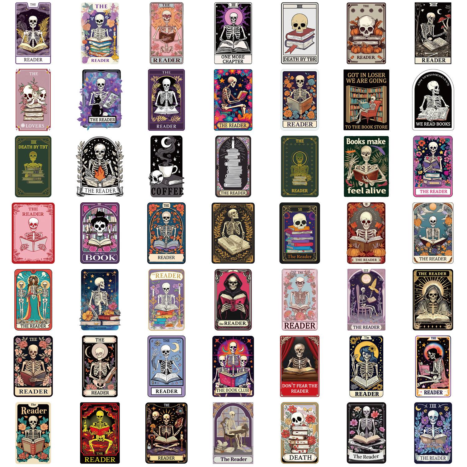

50 Cartoon Skull Reading Tarot Card Graffiti Sticker Decorative Guitar Notebook Suitcase