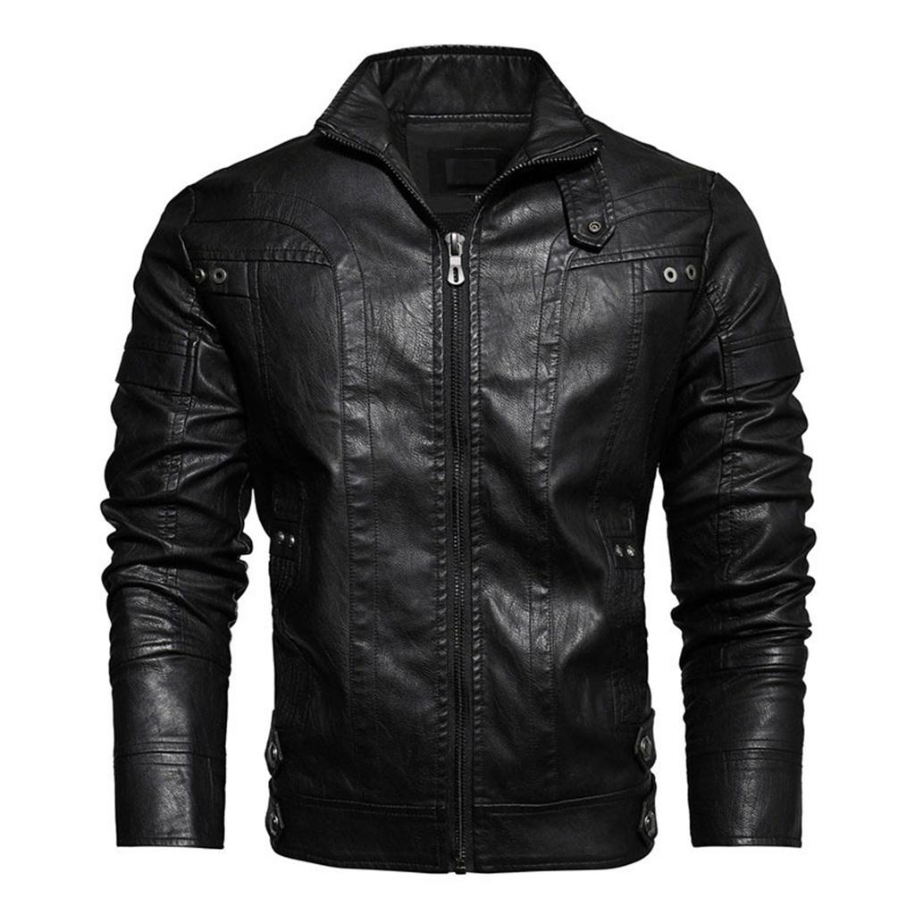 Men's Solid Color Stand Collar PU Leather Top Retro Casual Motorcycle Jacket