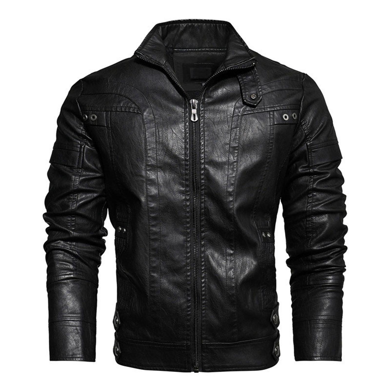 

Мужской однотонный топ из ПУ кожи со стойкой, в стиле ретро, повседневная мотоциклетная куртка L чёрный