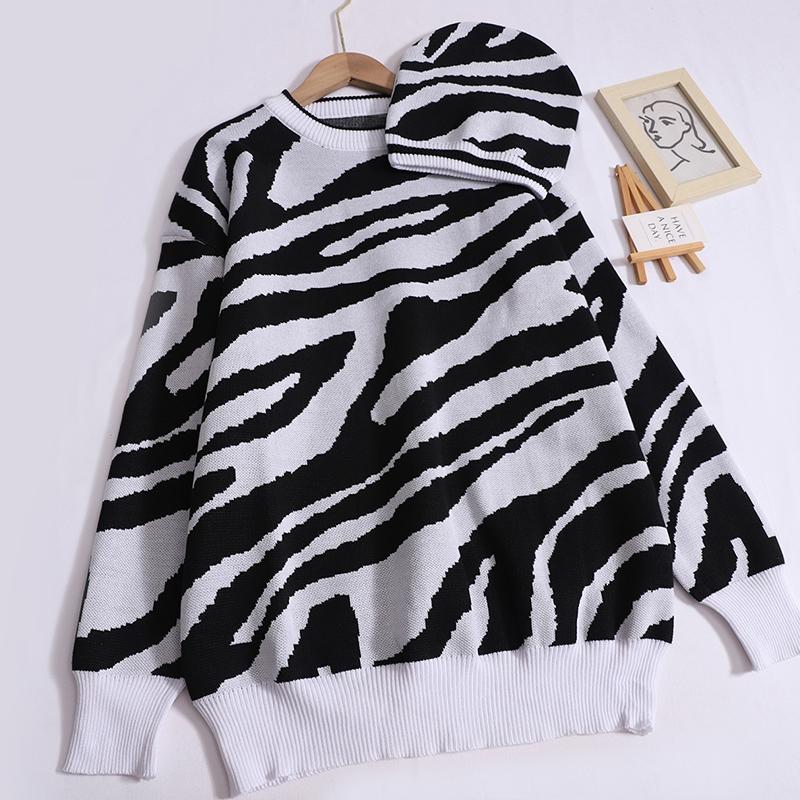 

Жіночий осінній светр із принтом зебри, вінтажний в’язаний пуловер із круглим вирізом, вільний повсякденний светр з довгими рукавами, зимовий вуличний одяг One Size білий