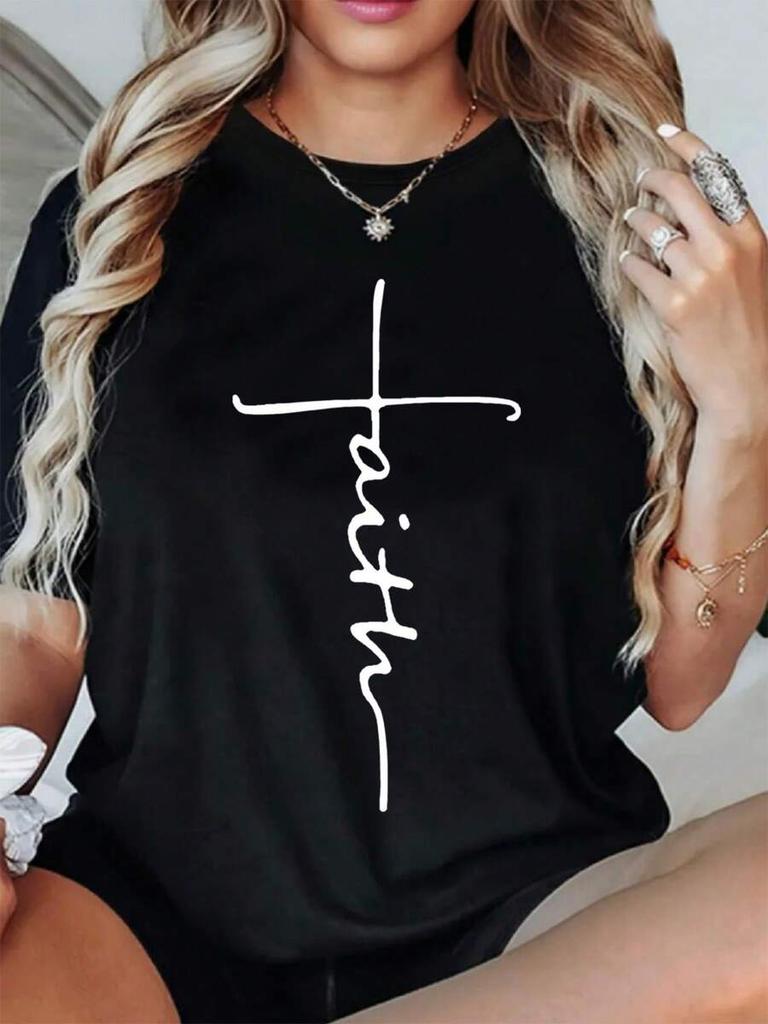 Unisex Christian Faith Graphic Tshirt Casual Crew Neck Short Sleeve Tops Cross Letter Print Oversized Loose Fit Tees For Ladies Daily Wear