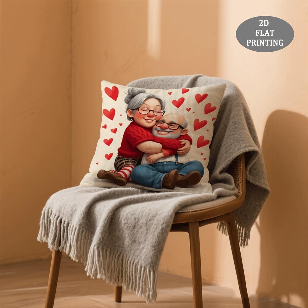 1pc Large Elderly Couple Embracing Love Plush Throw Pillow Cover - 18x18 Inch Contemporary Cushion Cover Suitable for Sofa Bed