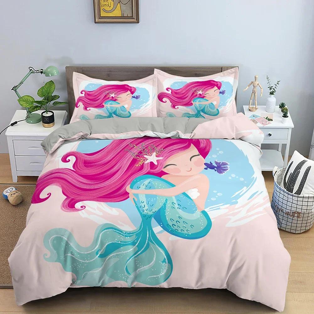 Mermaid Cute Cartoon Comfortable Duvet Quilt Cover Pillowcase Bedding Set Children Bedroom Decoration Home Textile