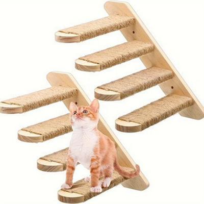 Solid Wood Cat Climbing Shelf Steps Space Saving Reversible Cat Climbing Structure with Sisal Rope Wall Mounted Cat Steps Ladder