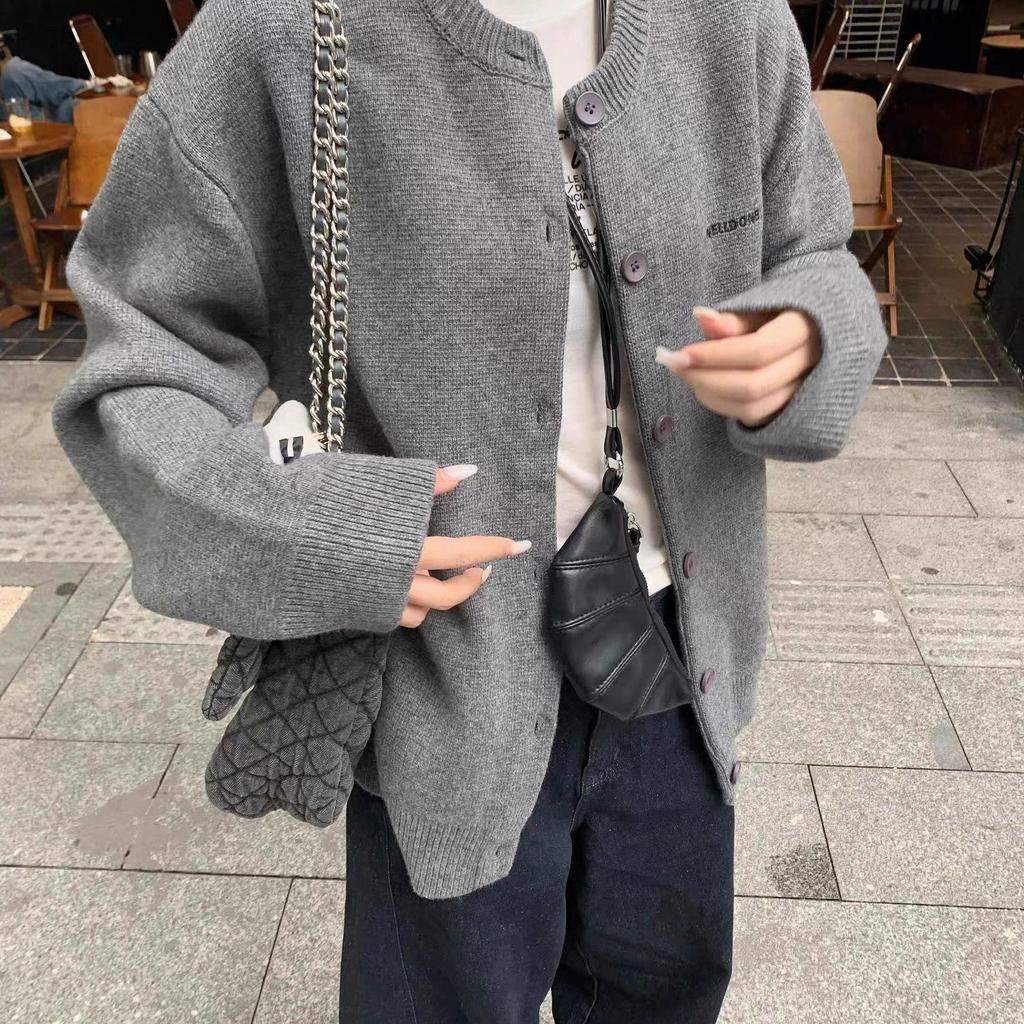 2025 Gray Embroidered Knit Cardigan Coat for Women - Autumn/Winter Loose, Thick, Relaxed Style