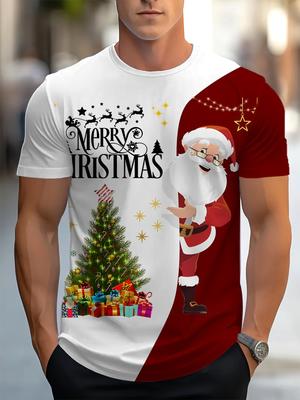 Men's Christmas T-Shirt Colorblock Holiday Tee with Santa Claus, Merry Christmas Text - Machine Washable Party Shirt