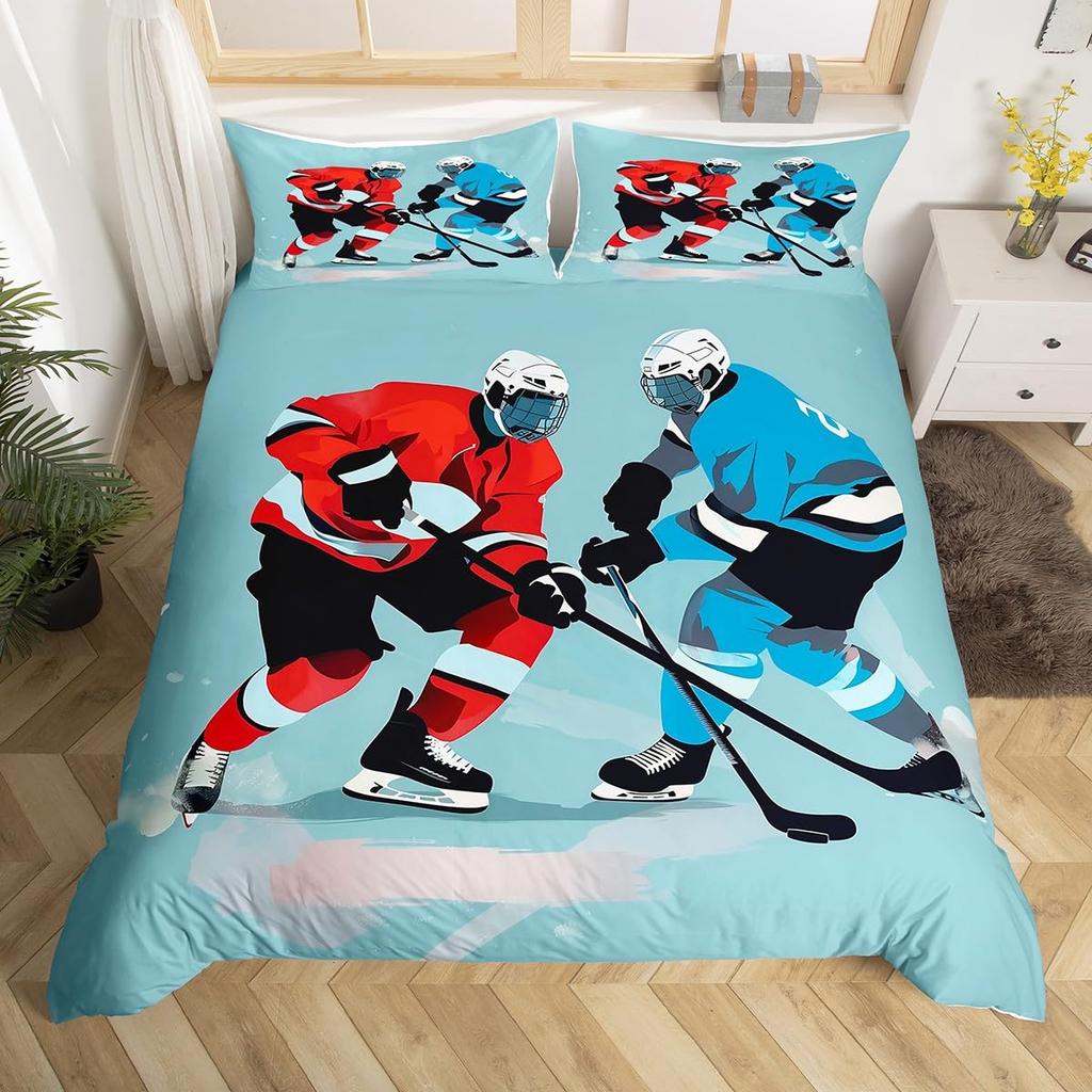 Ice Hockey Duvet Cover Twin Queen Hockey Sport Player Bedding Set Winter Extreme Sport Game Comforter Cover for Boys Teens Adult