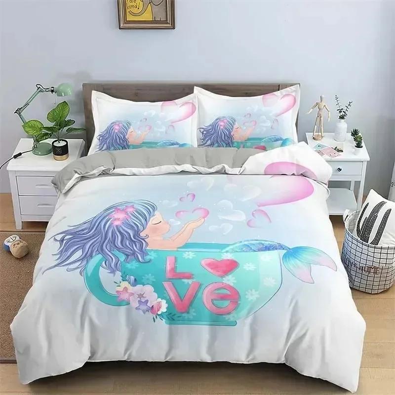 Modern Cartoon Mermaid Toddler Bedding Set Duvet Cover Sheet Printed Bed Set Pillowcase Full Queen King Size Comforter Bedroom