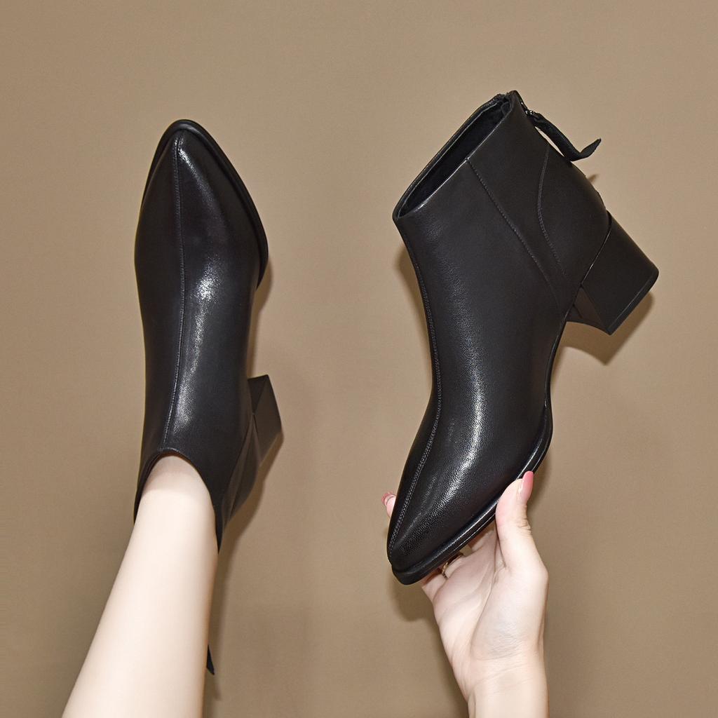 Pointed short boots women's first layer sheepskin rear zipper thick heel ankle boots temperament fashion boots