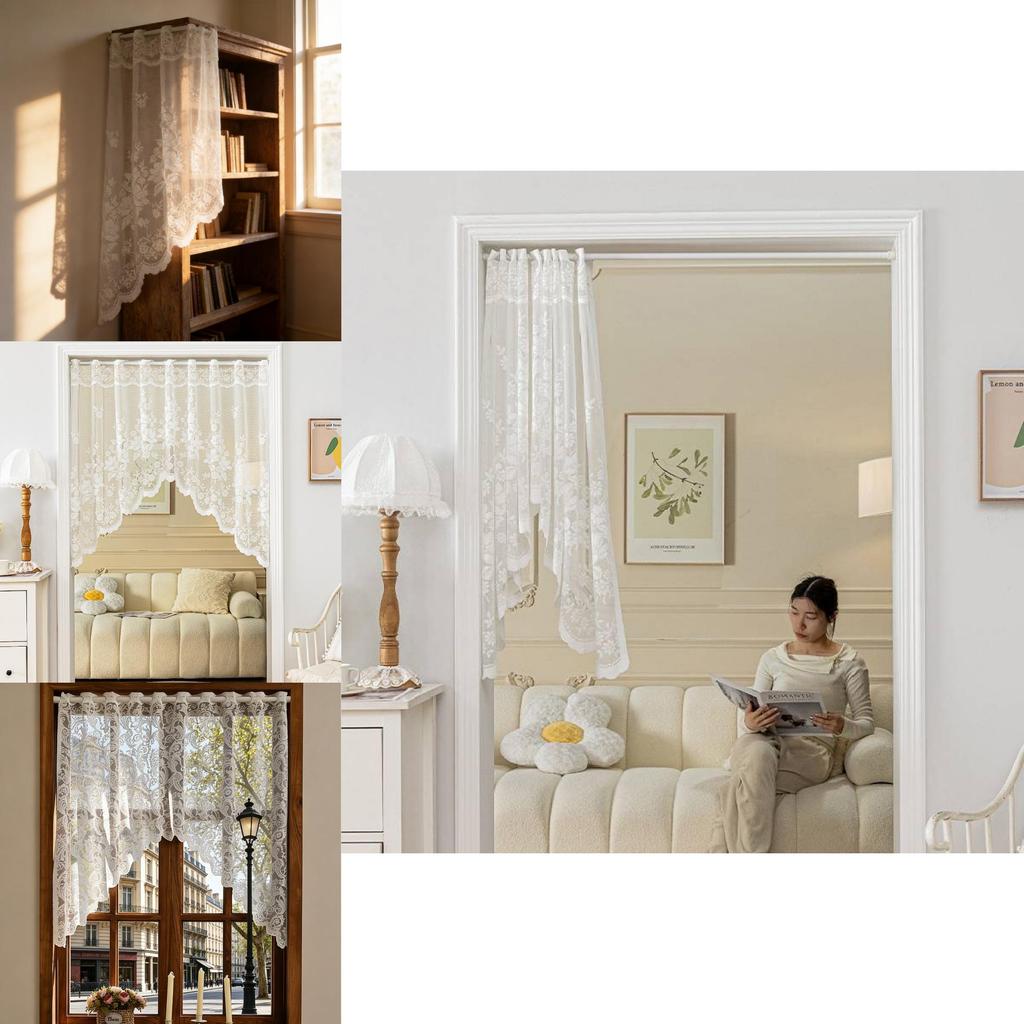 White Arched Lace Half Door Drapery With Plant Floral Print For Bedroom Or Living Area