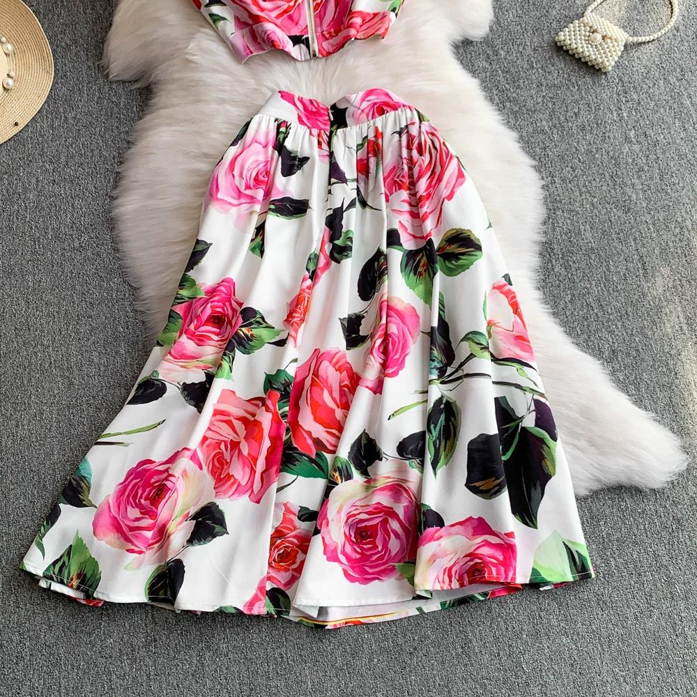 Summer Designer Rose Print Runway 2 Piece Set Women's Spaghetti Strap Vest Tops And Long Midi Skirt Holiday Beach Suit