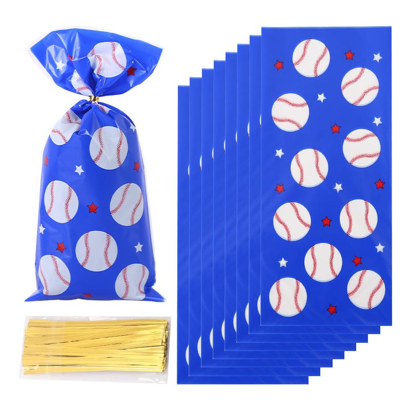 

50 шт. плоская горловина теннисный бейсбольный узор конфетный мешок синий белый целлофановый скотч шоколадный бисквит подарочный пакет украшения на Хэллоуин 17.5x8