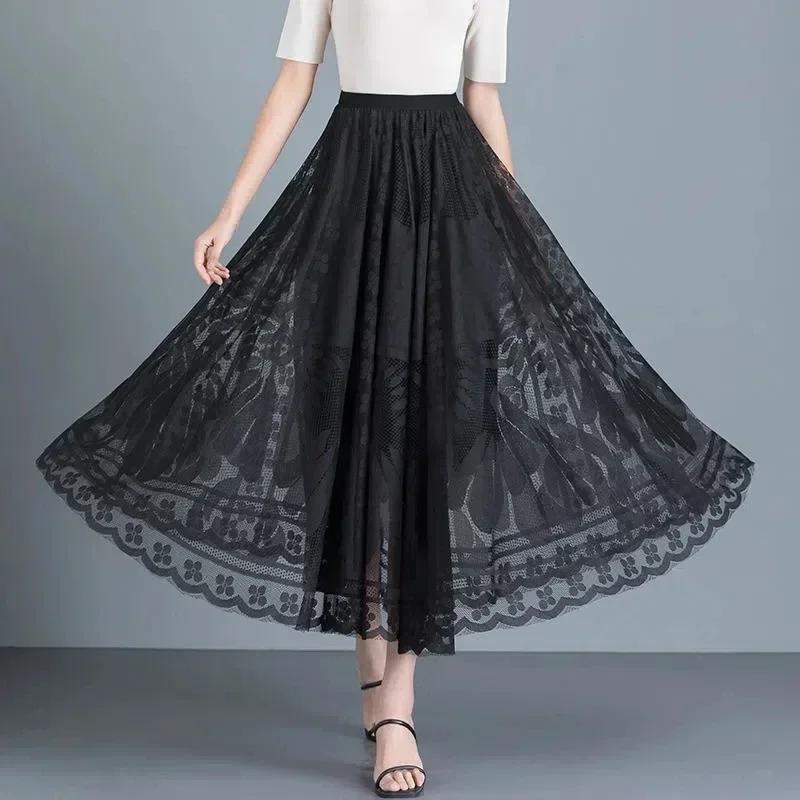 Summer Fashion Black Pleated Fairy A Linen Maxi Skirts Women Vintage Sexy Hollow Lace High Waist Elegant Party Long Skirt