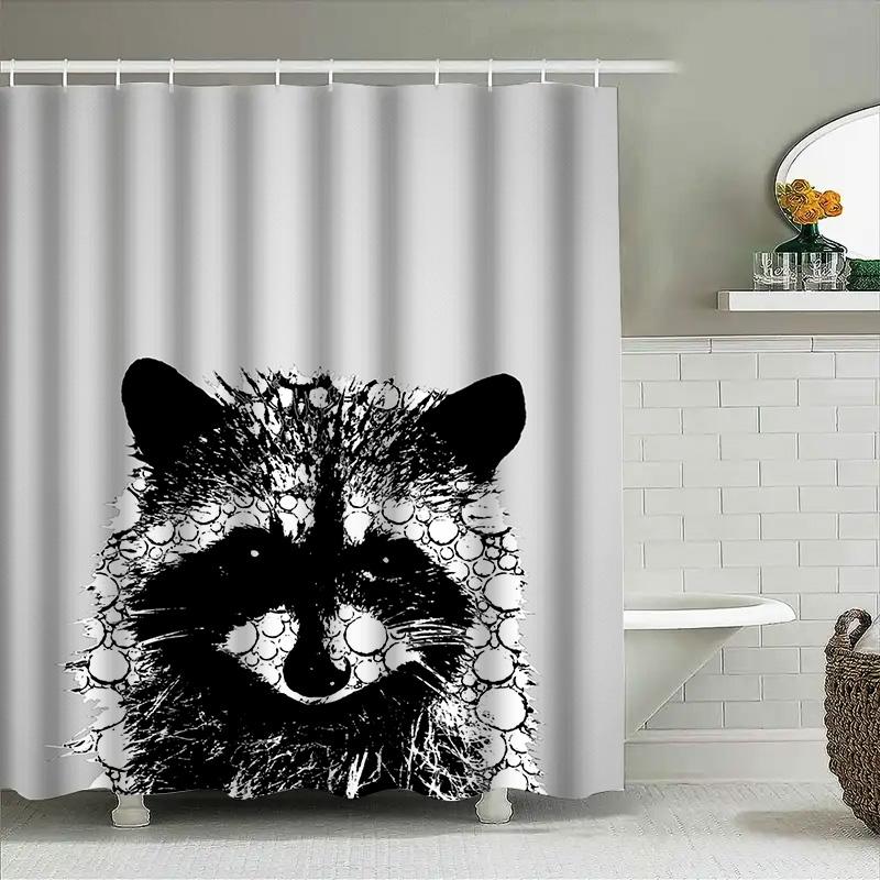 Animal Print Shower Curtain Black White Wildlife Pattern Waterproof Bath Rug Decor Modern Style Bathroom Accessories Size 72 X 8