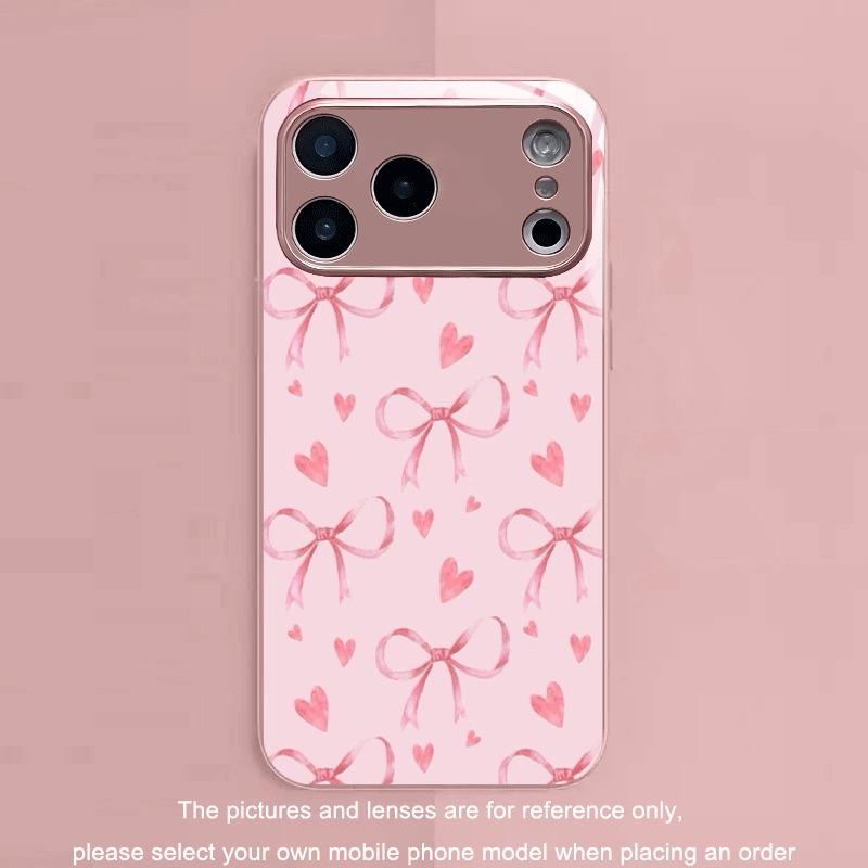 Fashion Pink Heart Bow Pattern Pink Metallic Glass Phone Case For iPhone 17 16 15 14 13 12 11 Pro Max 15 14 Plus 17Air 16E Cover