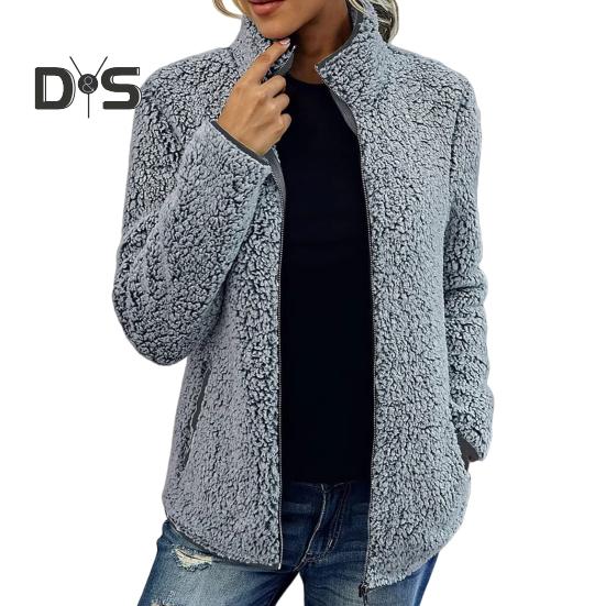 Kurtka zimowa damska z podwójnymi kieszeniami, gruby polar, zapięcie na suwak, kardigan, długie rękawy, ciepły, wiatroszczelny, zatrzymujący ciepło płaszcz zewnętrzny