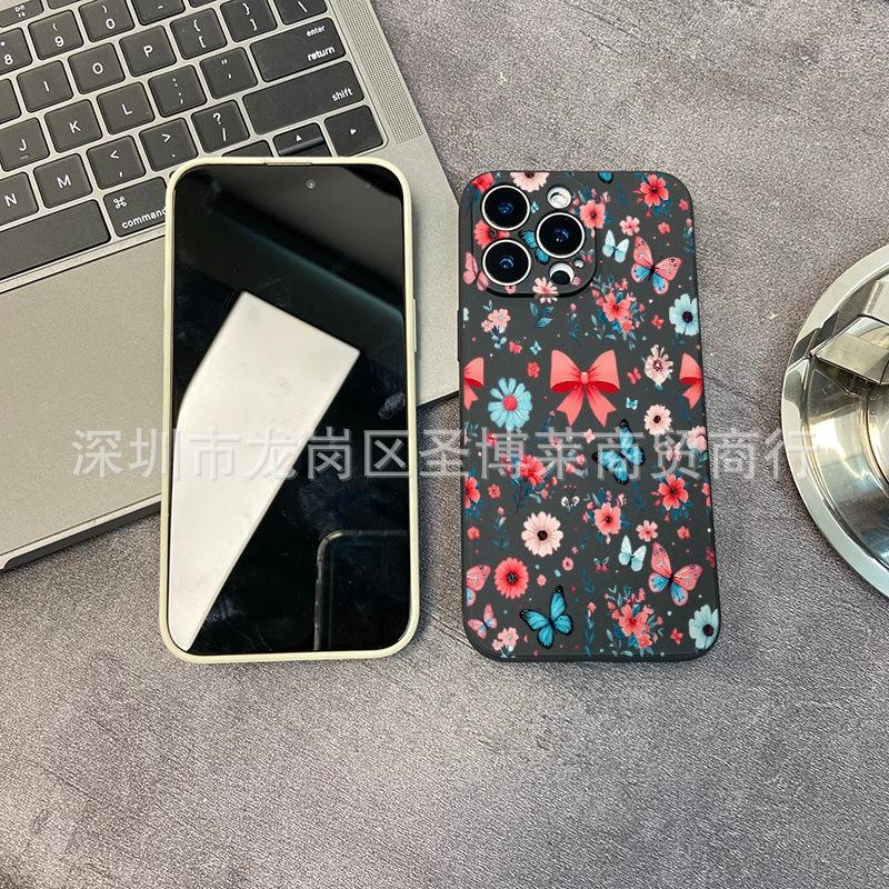 Bow flowers and plants are suitable for iPhone15 mobile phone case 14PROMAX all-inclusive 13 anti-drop 16/15 protective case 17