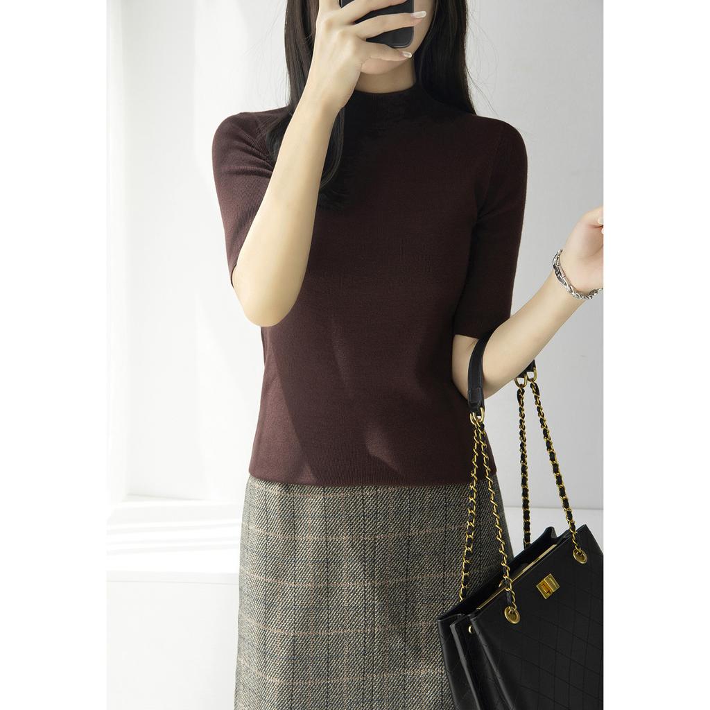 Women Korean Solid Color Mock Neck Knit Sweater Half‑Sleeve Slim Fit Pullover Base Layer Top Spring Autumn 2024