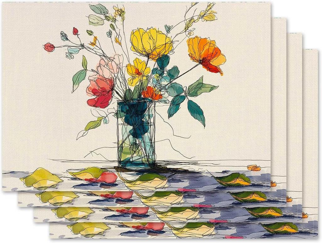 Watercolor Line Flowers Placemat Set of 4 Spring Summer Floral Placemats Seasonal Table Mats for Indoor Outdoor Home Kitchen Dining Decor Party Farmho