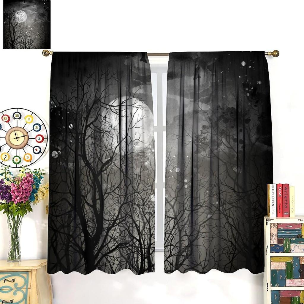 Mysterious Jungle Curtains Abstract Gothic Strange Dark Black Tree Branch Forest Glitter Moon View Home Decor Window Treatments Made Of Polyester