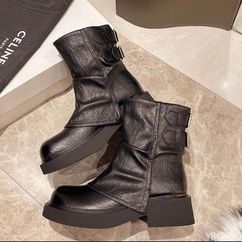 Retro Women's Pleated Thick Soled Short Boots Simple Comfortable Versatile for Daily Casual Wear Women's Single Boots
