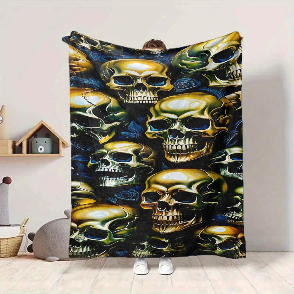 1pc Skulls Roses Blanket, Lightweight Flannel Throw Blanket For Sofa, Bed, Travel, Camping, Living Room, Office, Couch, Chair, And Bed