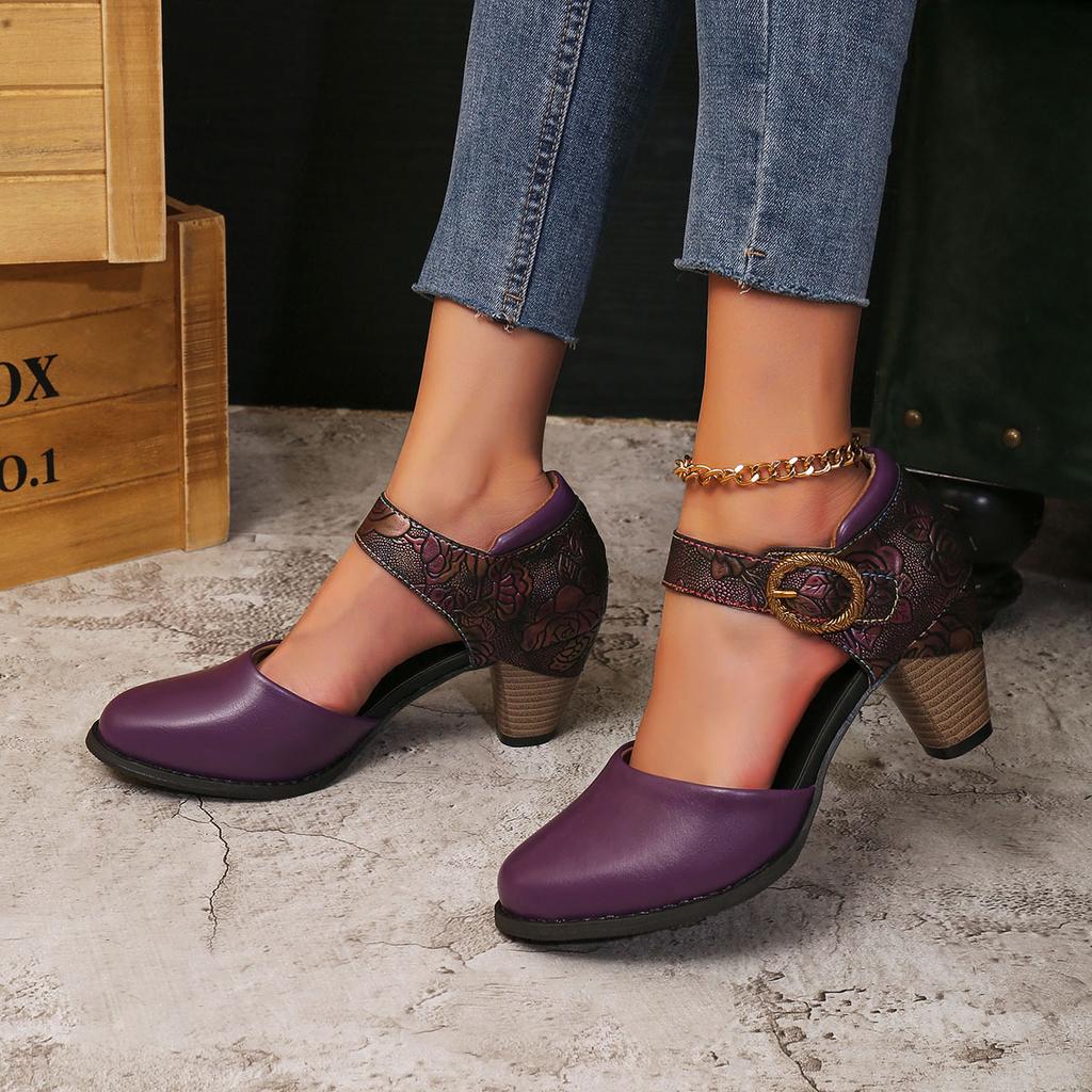 Frühling und Sommer Damenschuhe Spitz zulaufend Große Größe Klobiger Absatz Sandalen Mittlerer Absatz Sandalen Retro Ethnischer Stil
