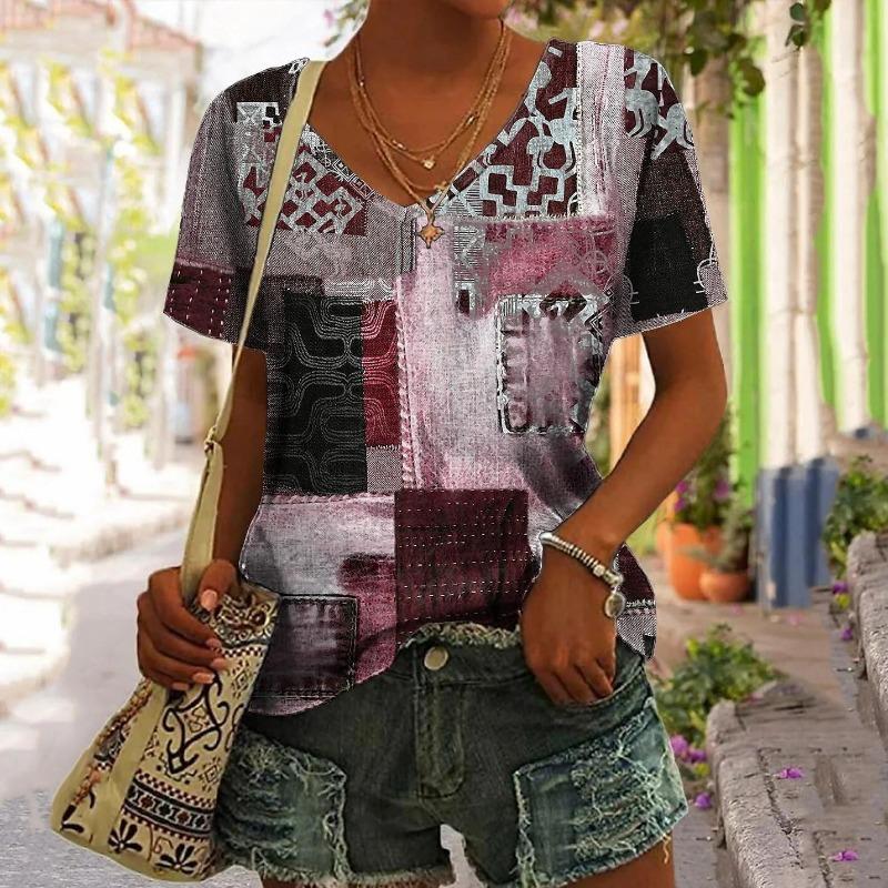 Retro Patchwork Damen T-Shirt Kariertes bedrucktes Top Damenbekleidung V-Ausschnitt Harajuku T-Shirt
