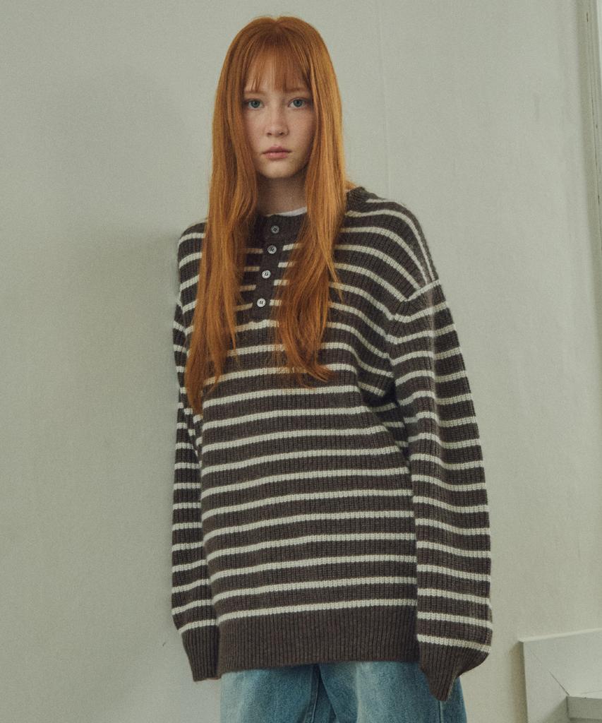Wednesday Oasis For Woman W/Always Hairy Stripe Henley Neck Wool Knit Brown (Wc25-Kn55)