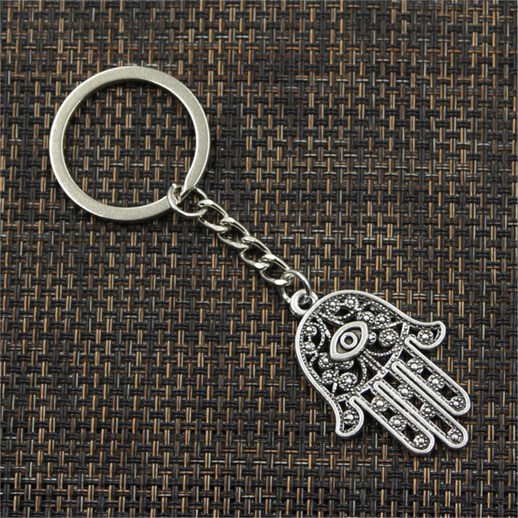 New Fashion Men 30mm Keychain DIY Metal Holder Chain Vintage Death Eye Hamsa Palm Fatima Hand 36x25mm Silver Color Pendant Gift