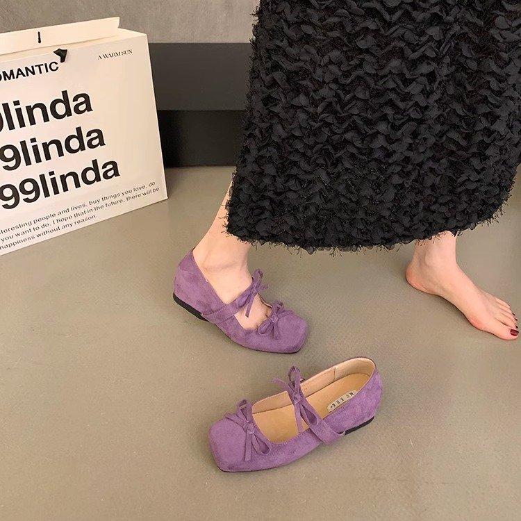 Gentle Bow Ballet Shoes with One Word French Inner Height Increase Mary Jane Shoes Women's Spring and Autumn Suede Platform Single Shoes