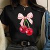 Casual Regular Length Knit Fabric Fruit & Vegetable Tees Women's Cherry Print T-Shirt Crew Neck Short Sleeve