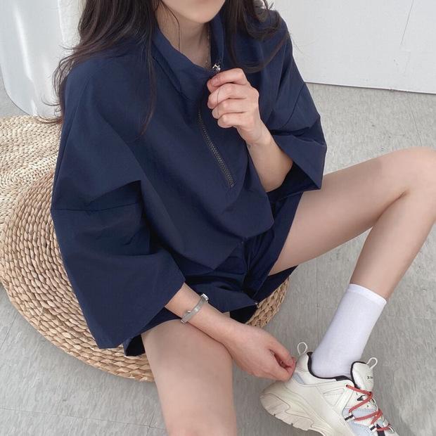 Women's Two-Piece Summer Sportswear: High Neck Zip Top & Loose Shorts Set