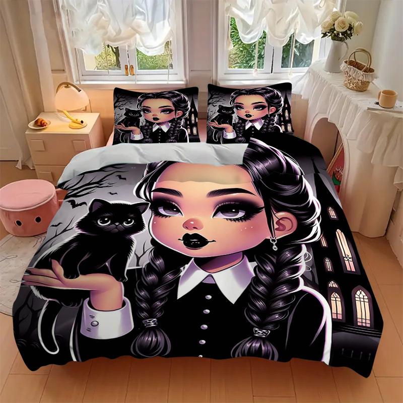 3pcs Dark Elegance Addams Printed Duvet Cover Set (1 * Cover+2 * Pillowcase, Without Core), Suitable for Home Bedroom, Guest Room, Dormitory Deco