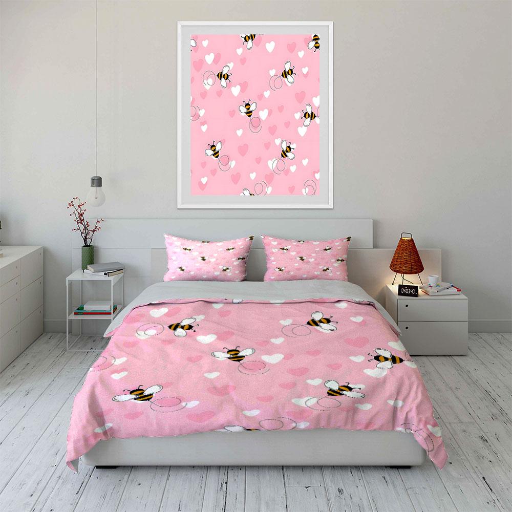 Bee and Heart Pink Pattern Bedding Duvet Cover Set (1*Duvet Cover 2*Pillowcases, without duvet insert)