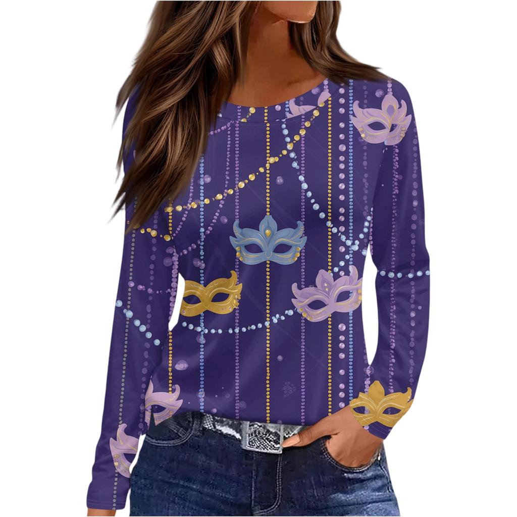 Women's Fashionable Carnival Print Round Neck Long Sleeve Top With Slit Hem