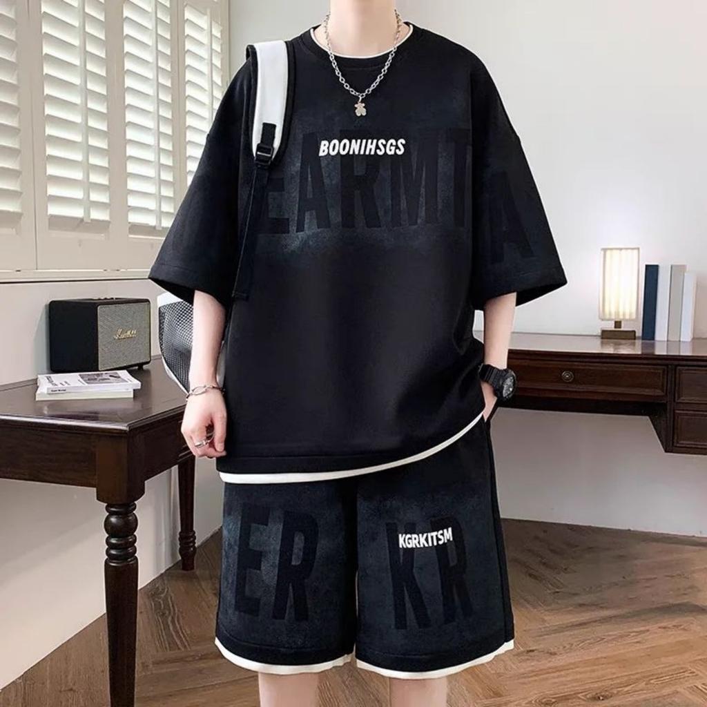 Summer Men's Fashion Personality Letter Printed Short Sleeved Shorts Two-piece Set Outdoor Sports Breathable T-shirt Set